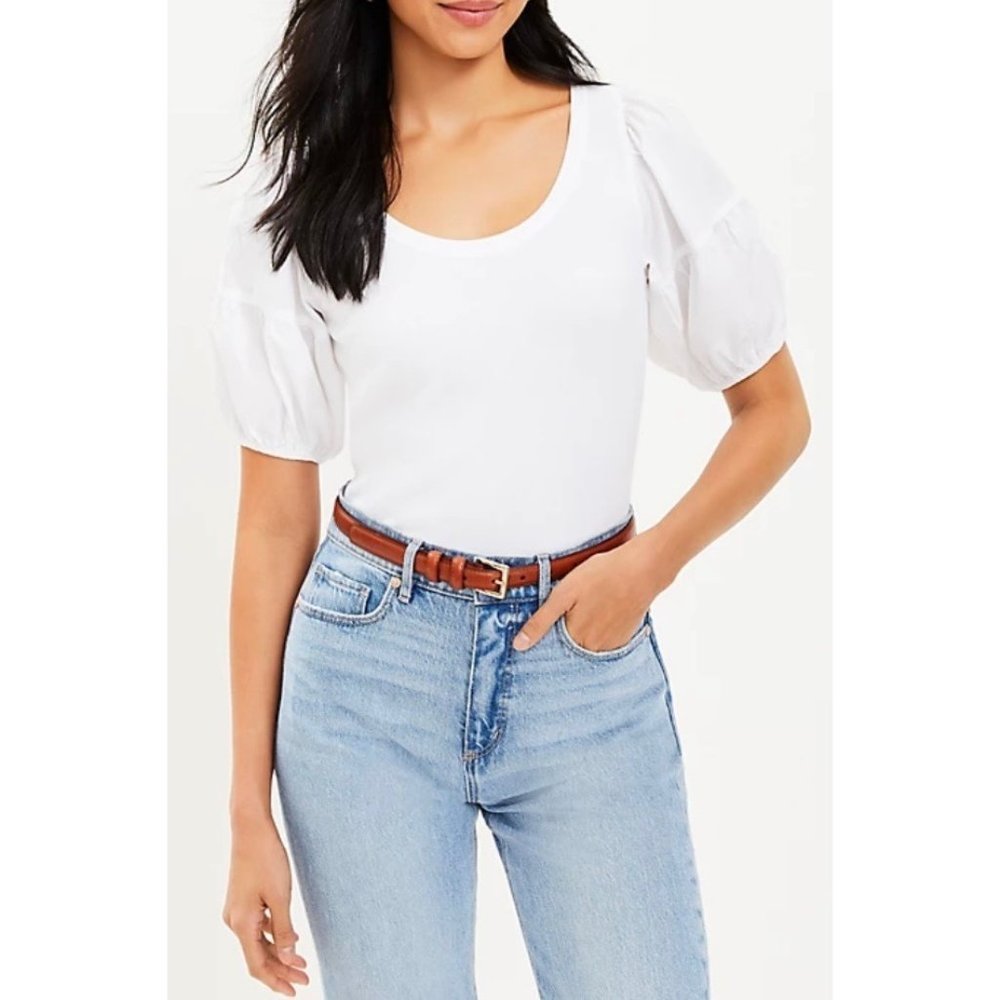 LOFT White Puff Sleeve Short Sleeve Tee